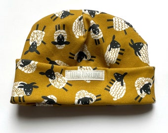 organic baby hat in sheep print/mustard backgroundor ANY print on the site, beanie hat,  baby gift, organic baby, shower gift, unisex baby