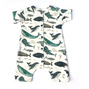 organic baby harem romper, whale, seahorse, porpoise, narwhal, unisex, sunsuit, gift, organic baby, girl, boy, summer clothes, shower gift