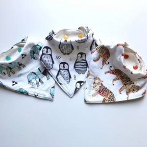 organic cotton baby bandana drool bibs, Animal Set of 3,  gift, unisex, boy bibs, girl bibs, mint elephant, black/white penguin, peach tiger
