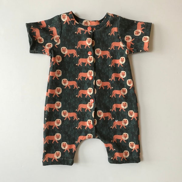 organic baby lion harem romper, coral navy print, unisex, sunsuit, baby toddler gift, organic baby, girl boy summer clothes, shower gift