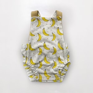 gender neutral organic baby/toddler romper banana print and contrast citron stripe prints, sunsuit, baby gift, organic baby, summer clothes