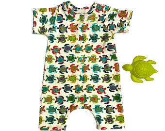 organic baby harem romper colorful turtles on a CREAM background, sunsuit, baby gift, organic baby, girl, boy, summer clothes