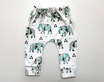 organic baby leggings in minty elephants, sizes newborn - 8YR, baby leggings, toddler leggings, baby pants, toddler pants, baby shower gift