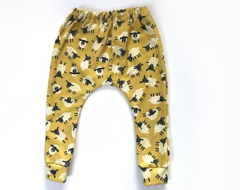 organic baby leggings with sheep in dark mustard yellow, sizes newborn-8YR, baby leggings, toddler leggings, baby pants, toddler pants, gift