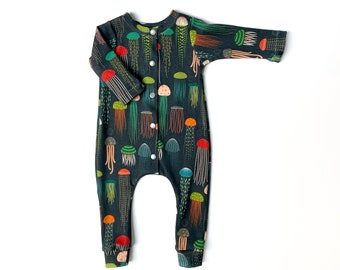 gender neutral baby harem romper, bright jellyfish, girl romper, boy romper, baby gift, organic baby clothes, unisex long sleeved romper