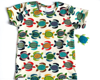 Organic t shirt bright colorful turtles on a beige background, sizes 6 mos - 8 yrs top, kid t shirt, gift, unisex t-shirt, hip gift