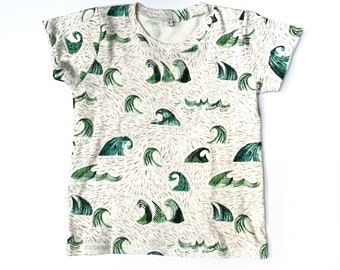 Organic baby/kid t shirt cream with blue green waves, 6 mos - 8 years, baby shirt, boy shirt, girl shirt, unisex top, unisex t-shirt, gift