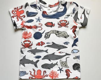 Organic baby t shirt ocean print, 6 mos - 8, octopus, starfish, shark, lobster, crab, boy girl baby shirt,  baby top, toddler t shirt, gift
