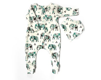 organic long sleeve romper and bib and leggings, elephant, 0 - 6 months. Pick your own combination, unisex baby outfit, baby girl, baby boy