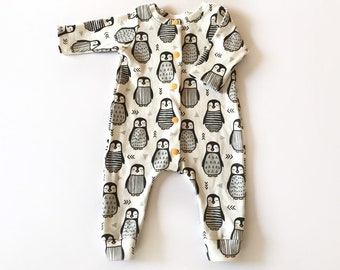 organic baby harem romper, penguin print, girl romper, boy romper, baby gift, organic baby clothes, unisex long sleeved romper, fall winter