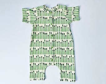 organic baby harem romper bright asparagus on cream background, baby gift, organic baby, girl, boy, summer clothes, veggie romper