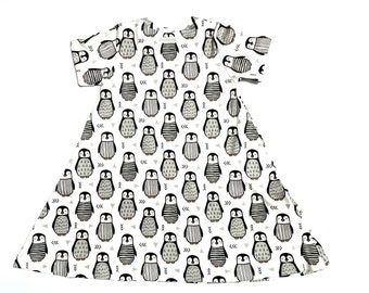 baby dress, sizes infant - 8yr,  organic baby dress in penguin print,  toddler dress, girl dress, baby gift, organic baby