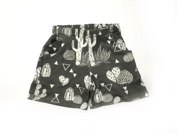Organic cotton toddler shorts with pockets, cactus print LIGHT GRAY, sizes 2T - 6 unisex gift, , desert shorts, boy shorts, girl shorts