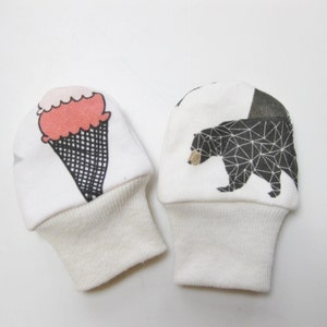 organic cotton newborn scratch mitts, reversible mittens, shower gift, unisex, boy mittens, girl mittens, bear, ice cream cone