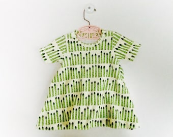 baby dress, sizes infant - 6T,  organic baby dress in asparagus print,  toddler dress, organic toddler dress, baby gift, organic baby