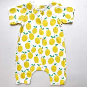 gender neutral baby clothing, organic baby harem romper in lemons print, baby gift, organic baby, girl, boy, summer clothes, fruit romper