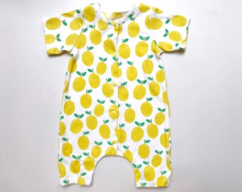 gender neutral baby clothing, organic baby harem romper in lemons print, baby gift, organic baby, girl, boy, summer clothes, fruit romper