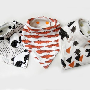 organic cotton baby bandana drool bibs, Animal Set of 3,  gift, unisex, boy bibs, girl bibs, curious panda, carrot alligator, camping bear