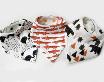 organic cotton baby bandana drool bibs, Animal Set of 3,  gift, unisex, boy bibs, girl bibs, curious panda, carrot alligator, camping bear