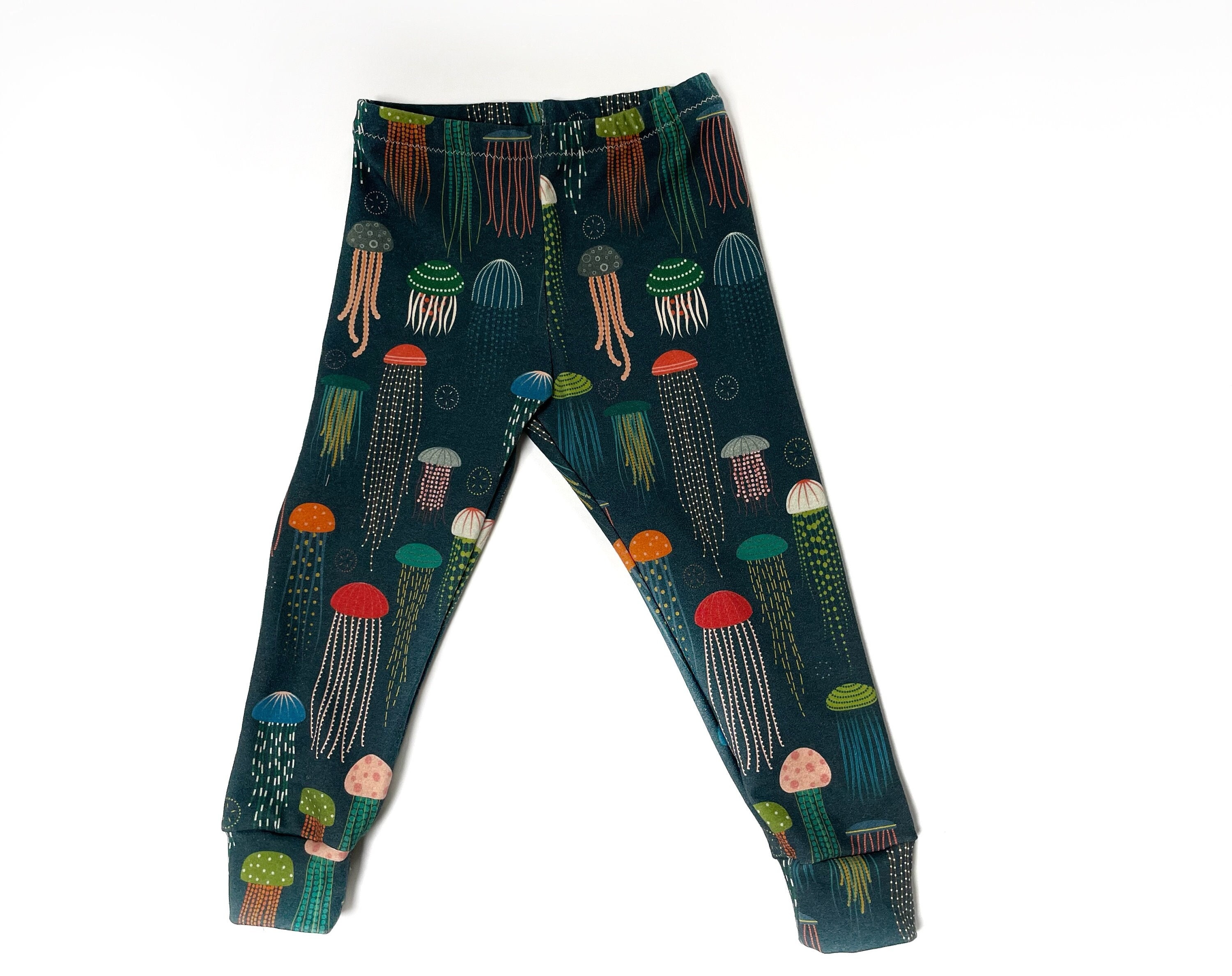 organic baby leggings colorful jellyfish print on gray-blue, tiny sand dollars NB-8YR, baby leggings, toddler leggings, baby shower gift