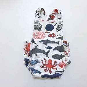 organic baby toddler romper ocean, octopus, stingray, squid, fish, crab, marine, sunsuit, baby gift, organic baby, girl, boy, summer clothes