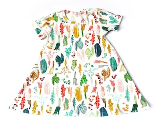 baby dress, organic baby/girl dress in vegetable print,  sizes infant - 6T, organic toddler dress, baby gift,  swing dress, carrot, endive