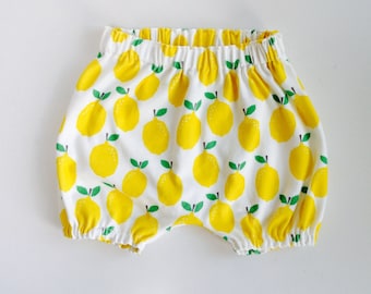Organic baby bloomers. organic baby shorts in lemon print,  toddler bloomers, organic toddler bloomers, baby gift, organic baby, summer