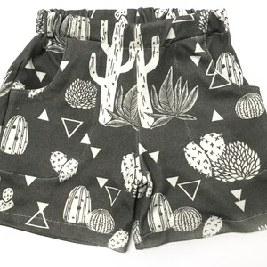 May include: Gray shorts with a white cactus and triangle pattern.