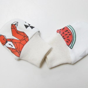 organic cotton newborn scratch mitts, reversible mittens, shower gift, unisex, boy mittens, girl mittens, fox, watermelon