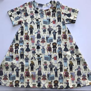baby dress, organic baby dress-musical animal band print, sizes infant - 6T,  toddler dress, organic toddler dress, baby gift, organic baby