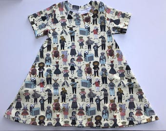 baby dress, organic baby dress-musical animal band print, sizes infant - 6T,  toddler dress, organic toddler dress, baby gift, organic baby