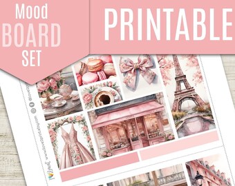 Pink Paris Watercolor MoodBoard Planner Stickers, France Sticker Kit, Printable Planner Stickers, Vertical Planner Width - CUT FILES