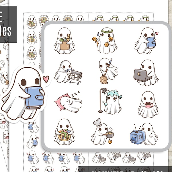 Hauntie the Ghost Daily Life Color BUNDLE Planner Stickers, Printable Stickers, Cute Character, Functional, Bullet Journal - CUT FILES