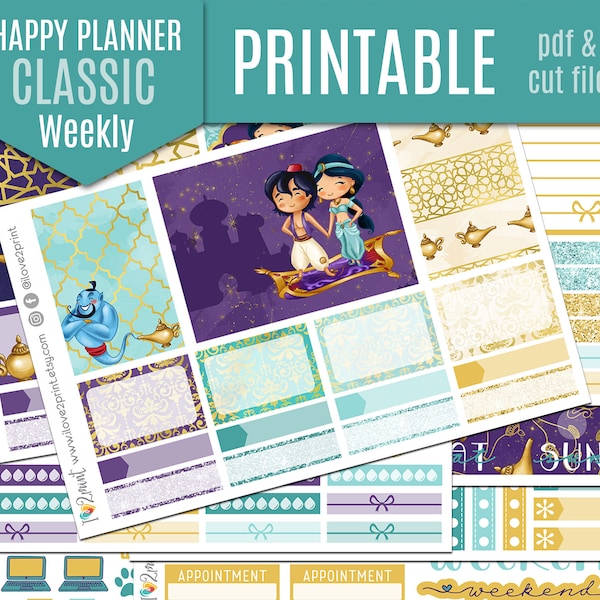 Aladdin Weekly Printable Planner Stickers - Happy Planner Printable Stickers, Weekly Stickers, HP Stickers, Mambi Stickers - Cut files
