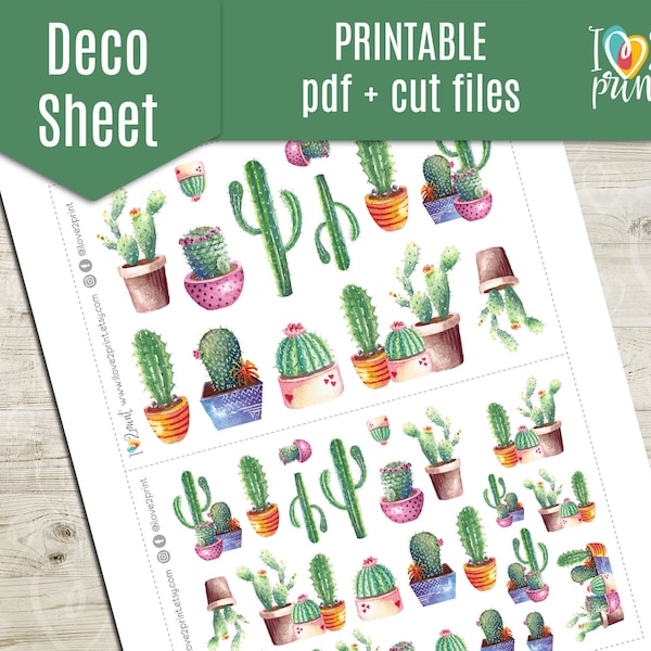 Watercolor Cactus Deco Planner Stickers, Cacti Printable Stickers, Character Sticker, Functional, Bullet Journal, Hobonichi - CUT FILES