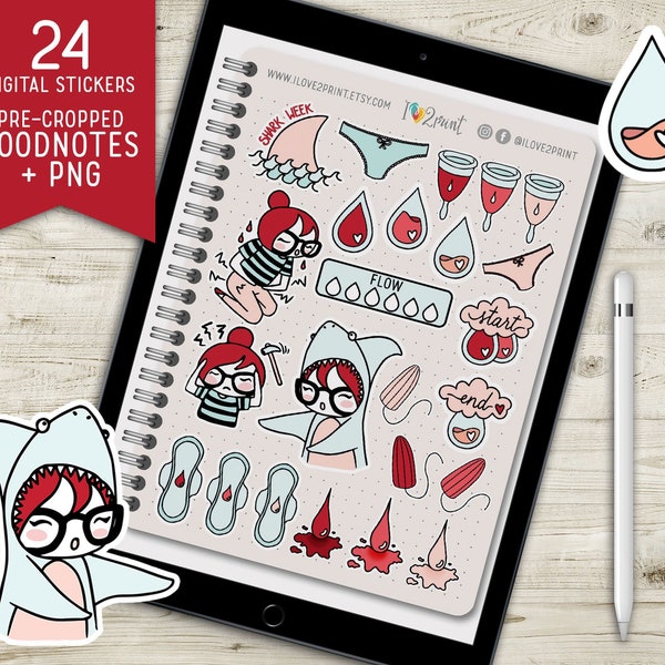 Period Tracker GoodNotes Sticker Book, Shark Week Digital Stickers,Pre Cropped for GoodNotes, Individual PNG for Notability, Noteshelf, Xodo