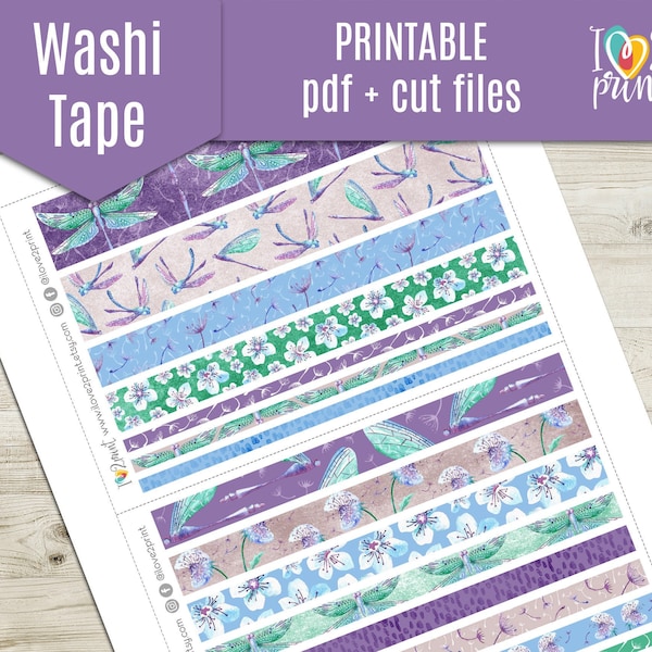 Libélula acuarela Washi Tape pegatinas imprimibles del planificador, pegatina imprimible de cinta Washi, pegatina de tiras Washi, Washi imprimible - archivos cortados