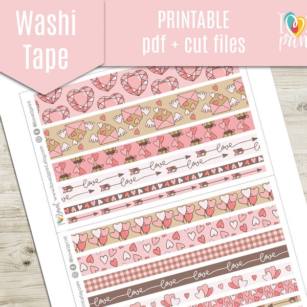 Valentine's Day Washi Tape Printable Planner Stickers, Washi Tape Printable Sticker, Washi strips Sticker, Printable Washi - cut files