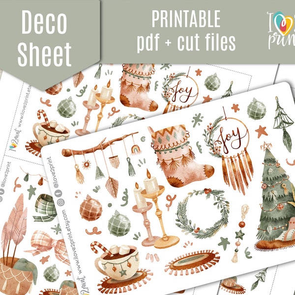 Boho Christmas Deco Planner Stickers, Bohemian Decorative Printable Stickers, Deco Sticker, Bullet Journal, Hobonichi - CUT FILES