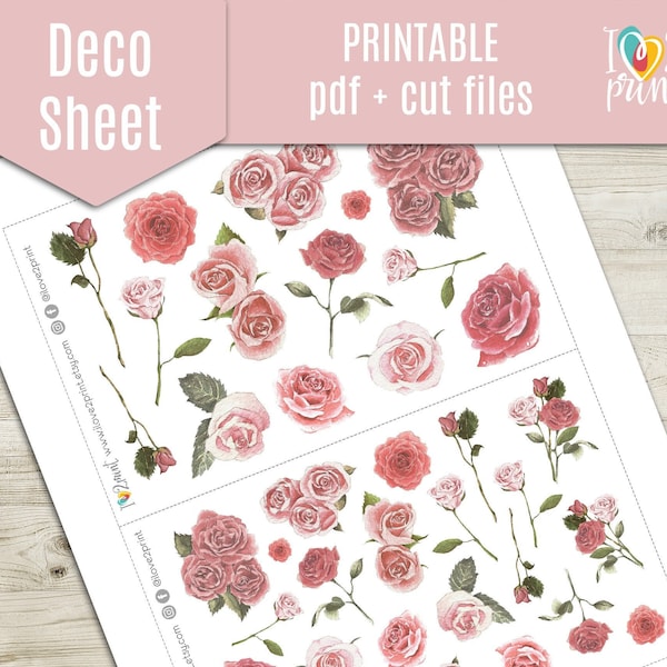 Antique Roses Deco Planner Stickers, Watercolor Roses Decorative Printable Stickers, Deco Sticker, Bullet Journal, Hobonichi - CUT FILES