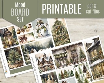 Nordic Christmas Watercolor MoodBoard Planner Stickers, Decorative Boxes Kit, Printable Planner Stickers, Vertical Planner Width - CUT FILES