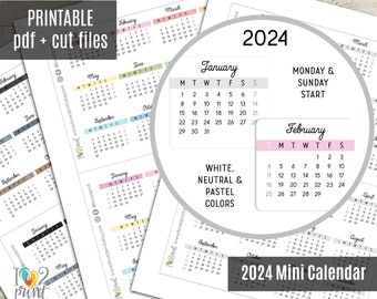 2024 Mini Calendar Planner Stickers, Calendar Monday and Sunday start Printable Stickers, Planner Stickers, Bullet Journal - CUT FILES