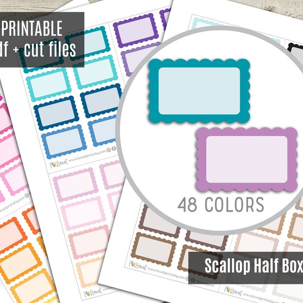 Scallop Half Box Printable Planner Stickers, Colored Labels Erin Condren Planner Stickers, Scallop Stickers, Full Box Stickers - CUT FILES