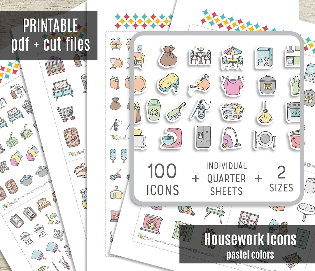 100 Housework Icons Planner Stickers PASTEL, Cleaning Icons Hand-drawn ...
