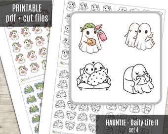 Hauntie the Ghost Daily Life SET 4 Planner Stickers, Printable Stickers, Cute Character, groceries, shower, tv time, cooking - Cut Files