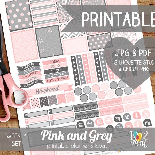 Pink and Grey Printable Planner Stickers, Erin Condren Planner Stickers, Weekly Planner Stickers, Pink n Grey Stickers, SILHOUETTE / CRICUT