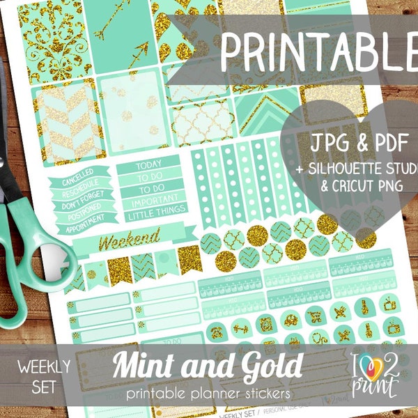 Mint and Gold Printable Planner Stickers, Erin Condren Planner Stickers, Weekly Planner Stickers, Mint & Gold Stickers, SILHOUETTE / CRICUT