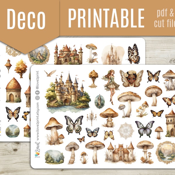 Fairy Tale Watercolor Deco Planner Stickers, Decorative Printable Stickers, Deco Sticker, Bullet Journal, Hobonichi - CUT FILES