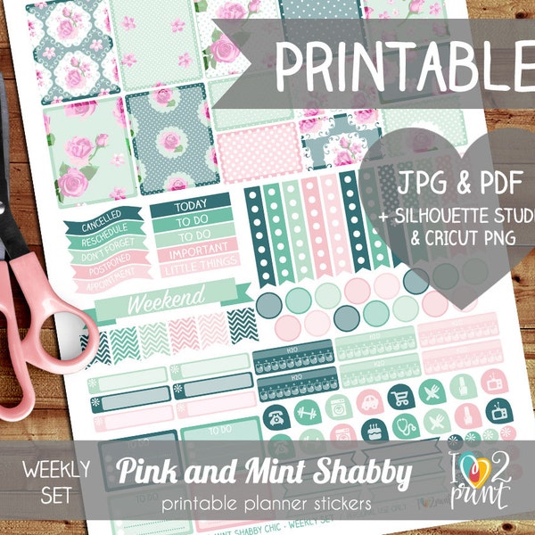 Mint and Rose Shabby Chic Printable Planner Stickers, Erin Condren Planner Stickers, Weekly Planner Stickers, SILHOUETTE / CRICUT