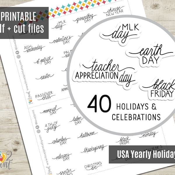 Hand-lettered Year Holidays Planner Stickers, USA Celebrations Script Words Printable Stickers, Printable Planner Sticker - CUT FILES